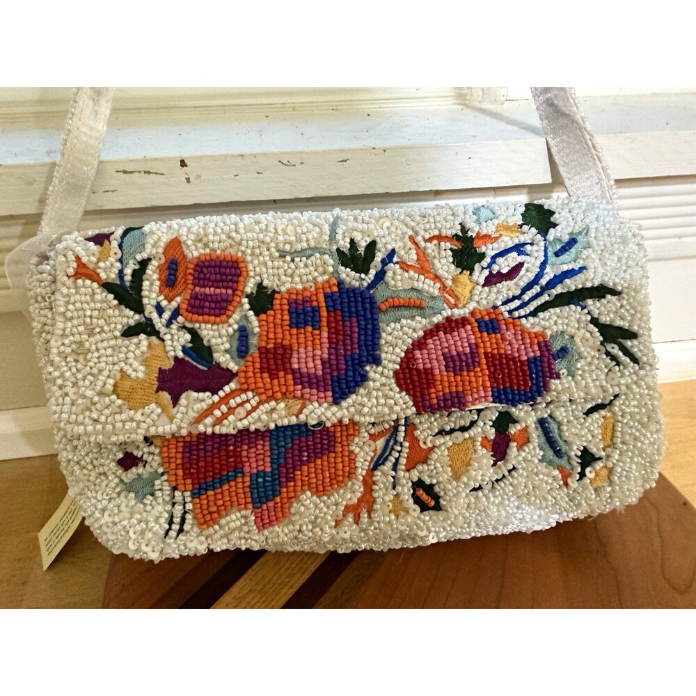 Hand Beaded White Multicolor Shoulder Bag Embroidered Boho Purse NWT India